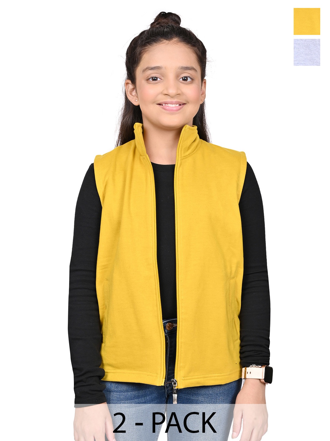 

BAESD Girls Pack Of 2 Mock Collar Solid Fleece Casual Open Front Jackets, Yellow