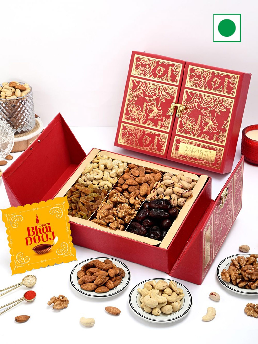 

RawFruit Bhai Dooj Dry Fruit Gift Pack With Roli Chawal, Red