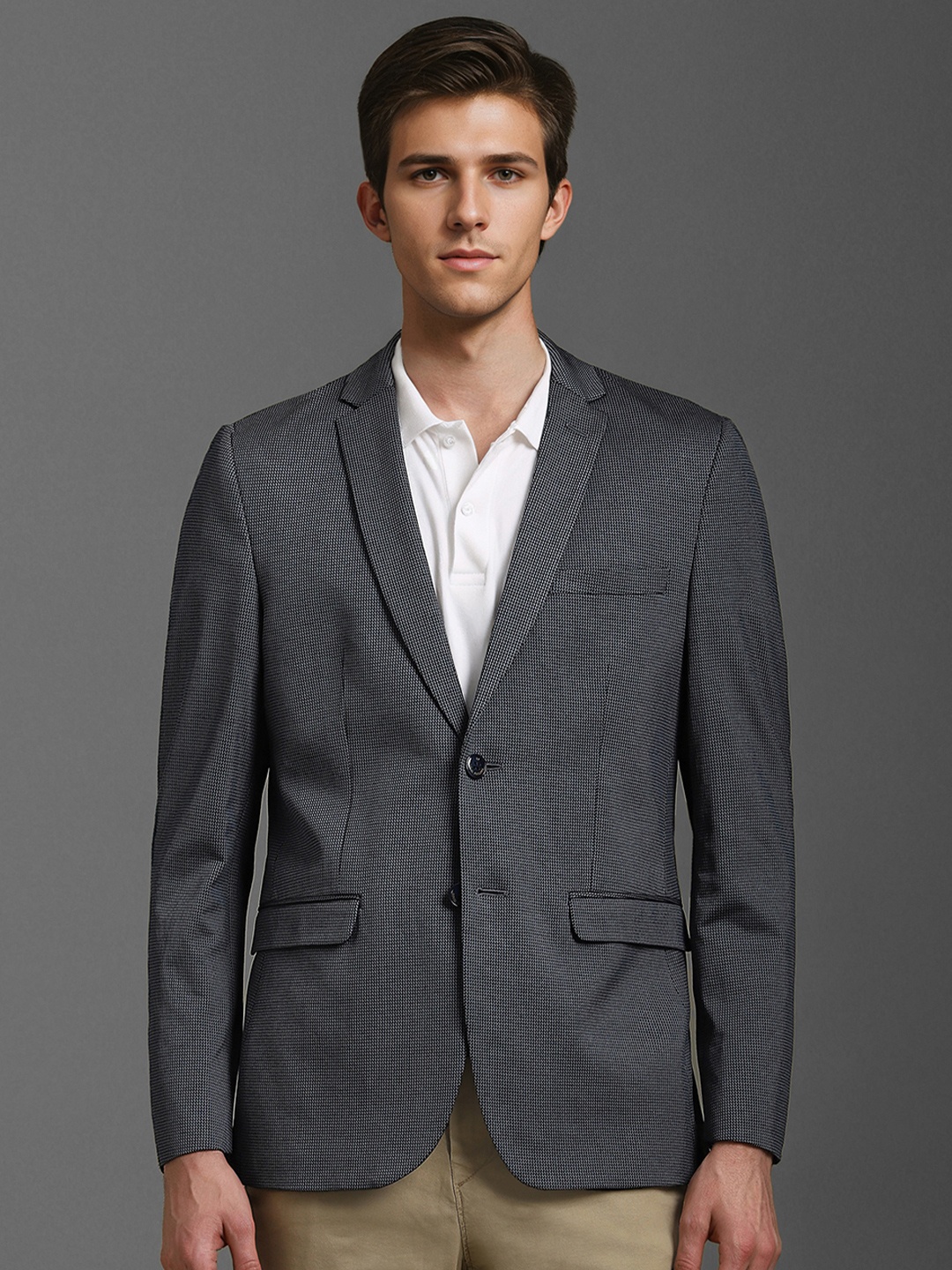 

Louis Philippe Sport Men Self-Designed Pure Cotton Slim-Fit Single-Breasted Blazer, Grey