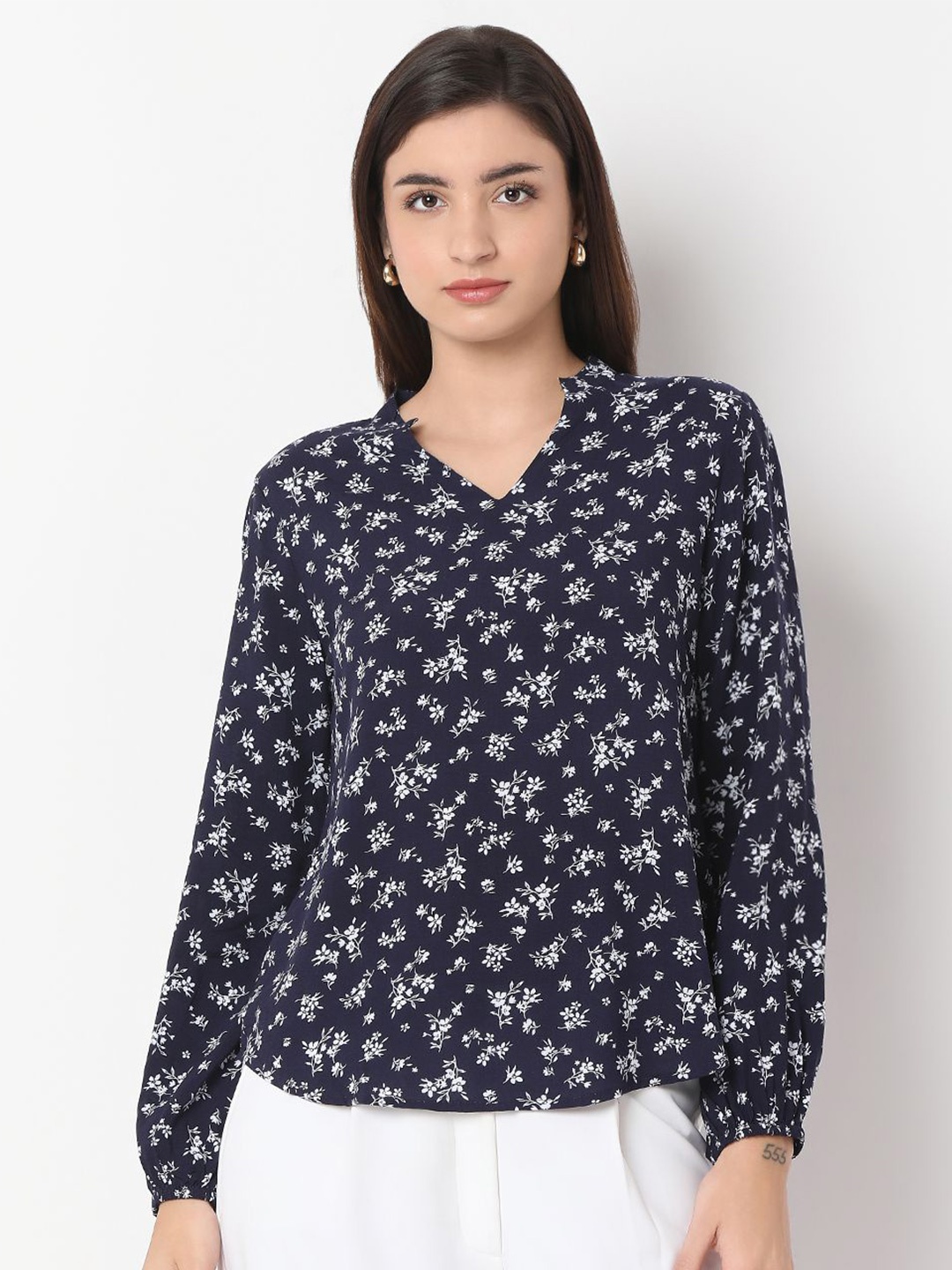 

NOT SO PINK Women Floral Printed Mandarin Collar Top, Navy blue