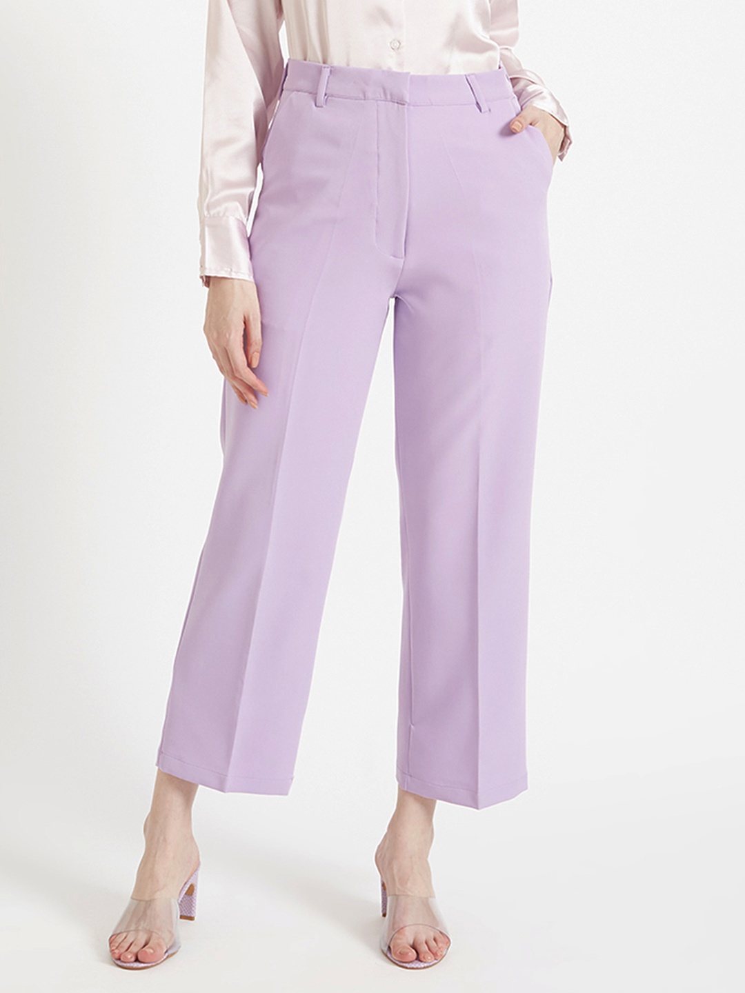 

AMSWAN Women Smart Straight Fit High-Rise Parallel Trousers, Purple