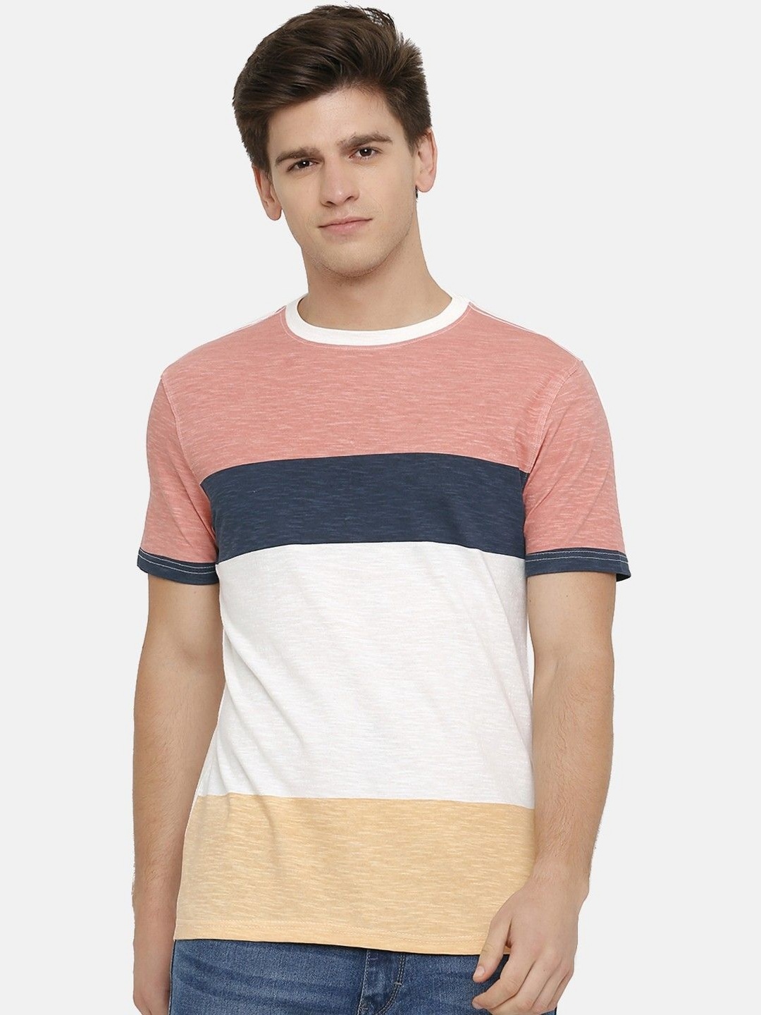 

Steenbok Men Colourblocked Round Neck Cotton T-shirt, Peach