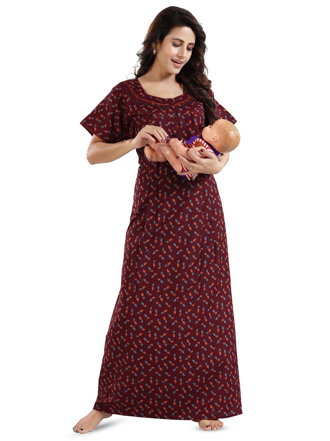 

NIGHT QUEEN Women Floral Printed Maxi Nightdress, Maroon