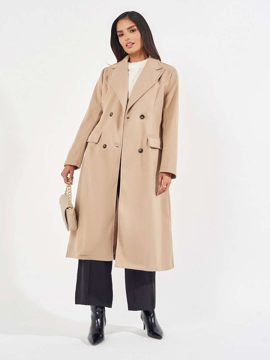 

Styli Women Regular Fit Long Line Length Double Breasted Wool Look Coat, Nude