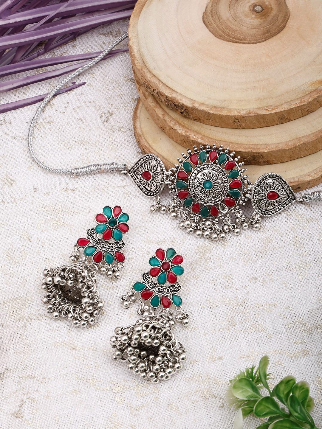 

SUNHARI Beaded Oxidised Jewellery Set, Silver