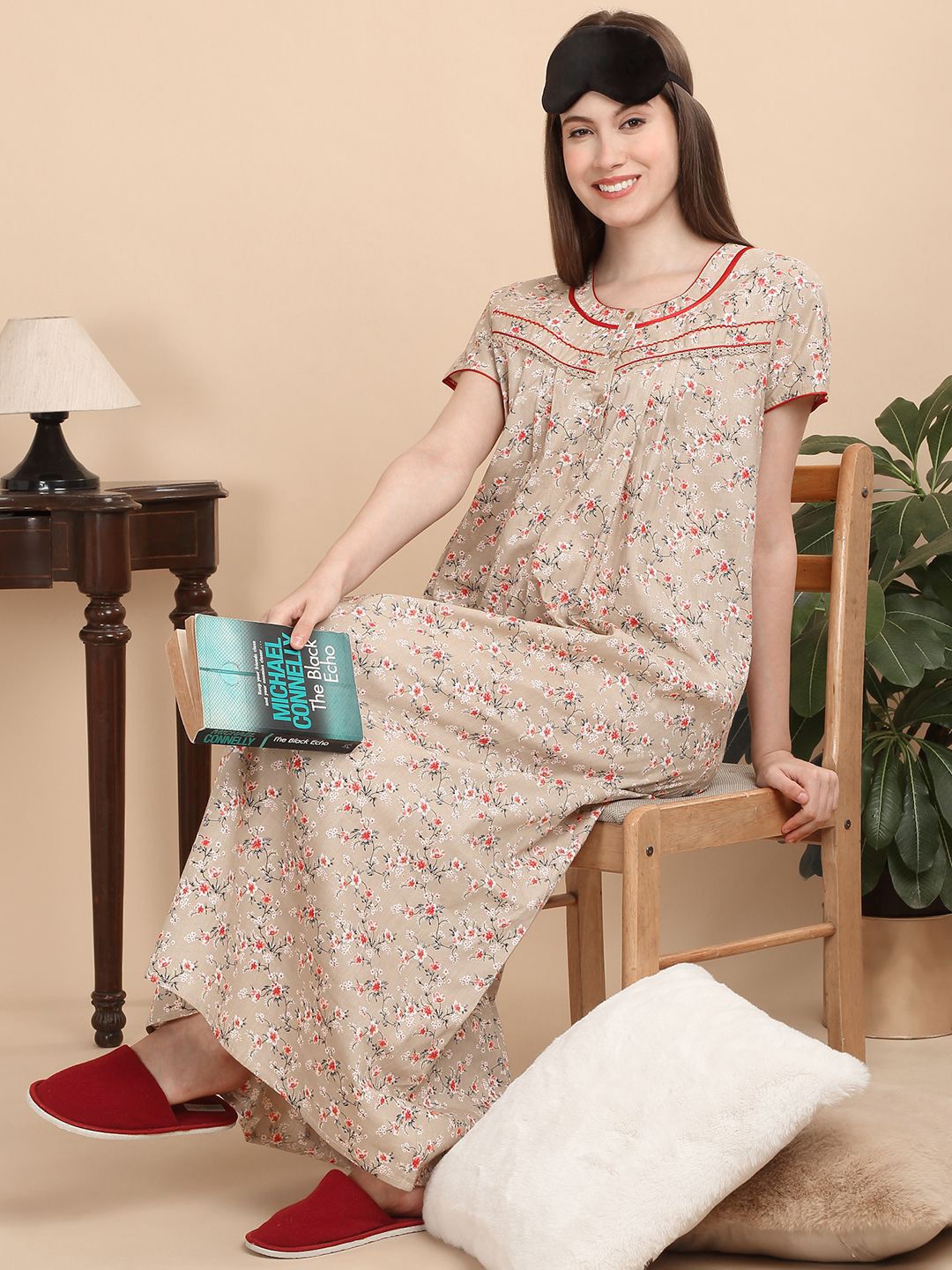 

Sweet Dreams Women Printed Pure Cotton Maxi Nightdress, Beige