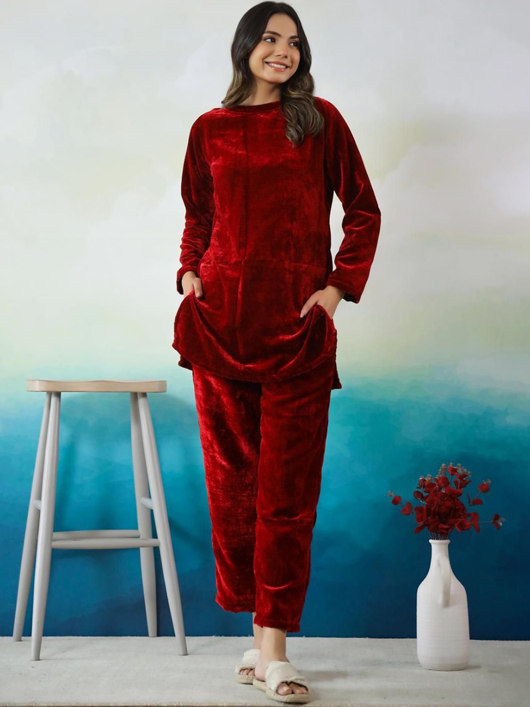

FLAVIA CREATION Women Woollen Night Suit, Maroon