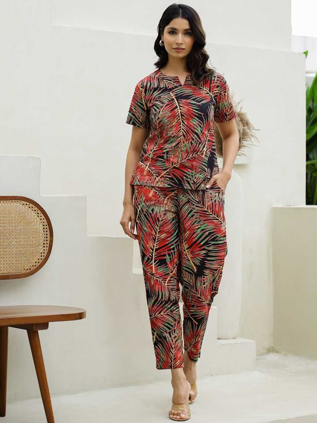 

FLAVIA CREATION Women Printed Pure Cotton Top & Trousers Co-Ords, Red