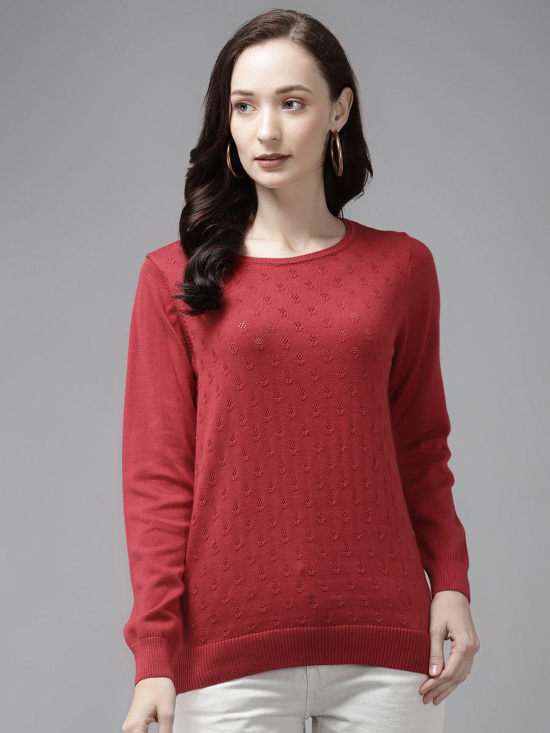 

Cayman Women Ribbed Self Design Round Neck Wool Pullover Ribbed Sweater, Red