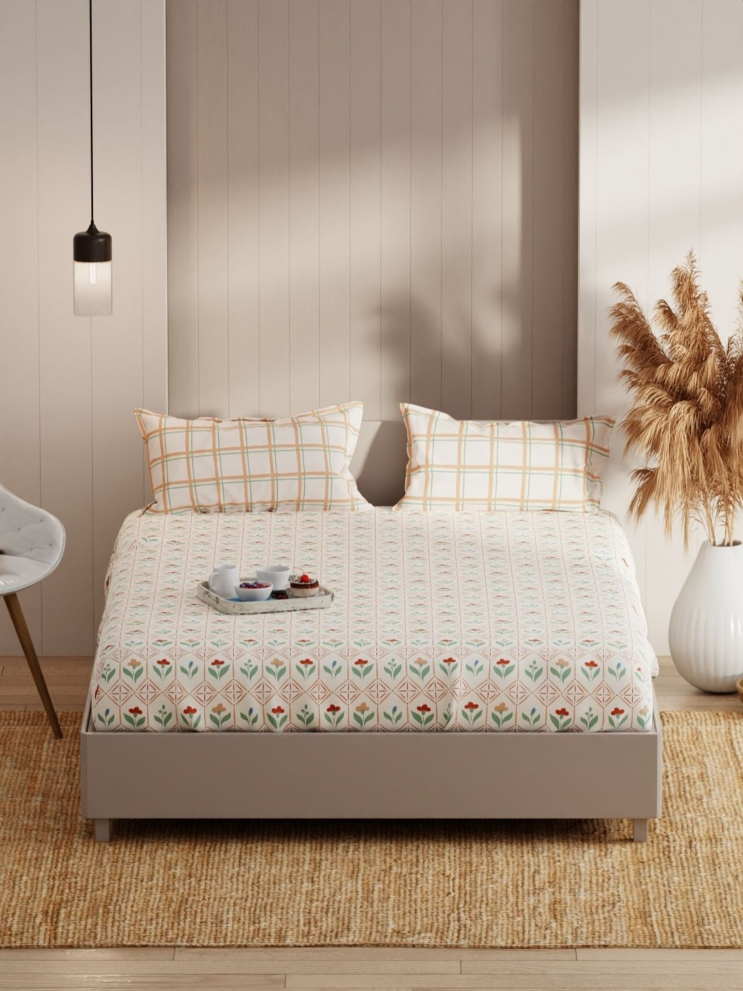 

KOPA Beige Floral 152 TC Microfiber Queen Bedsheet & 2 Pillow Covers 2.31 m X 2.54 m