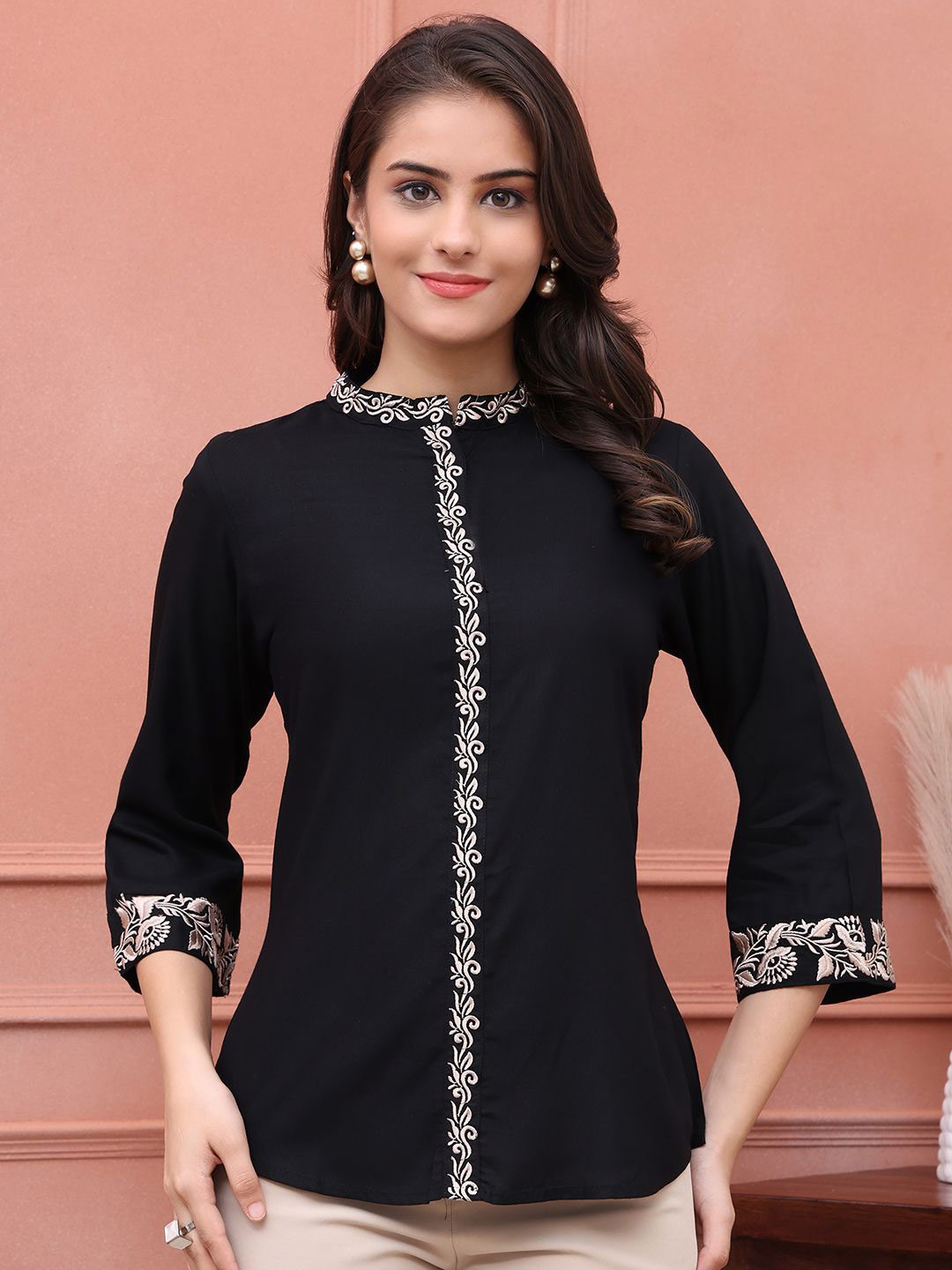 

Claura Women Solid Mandarin Collar Top, Black