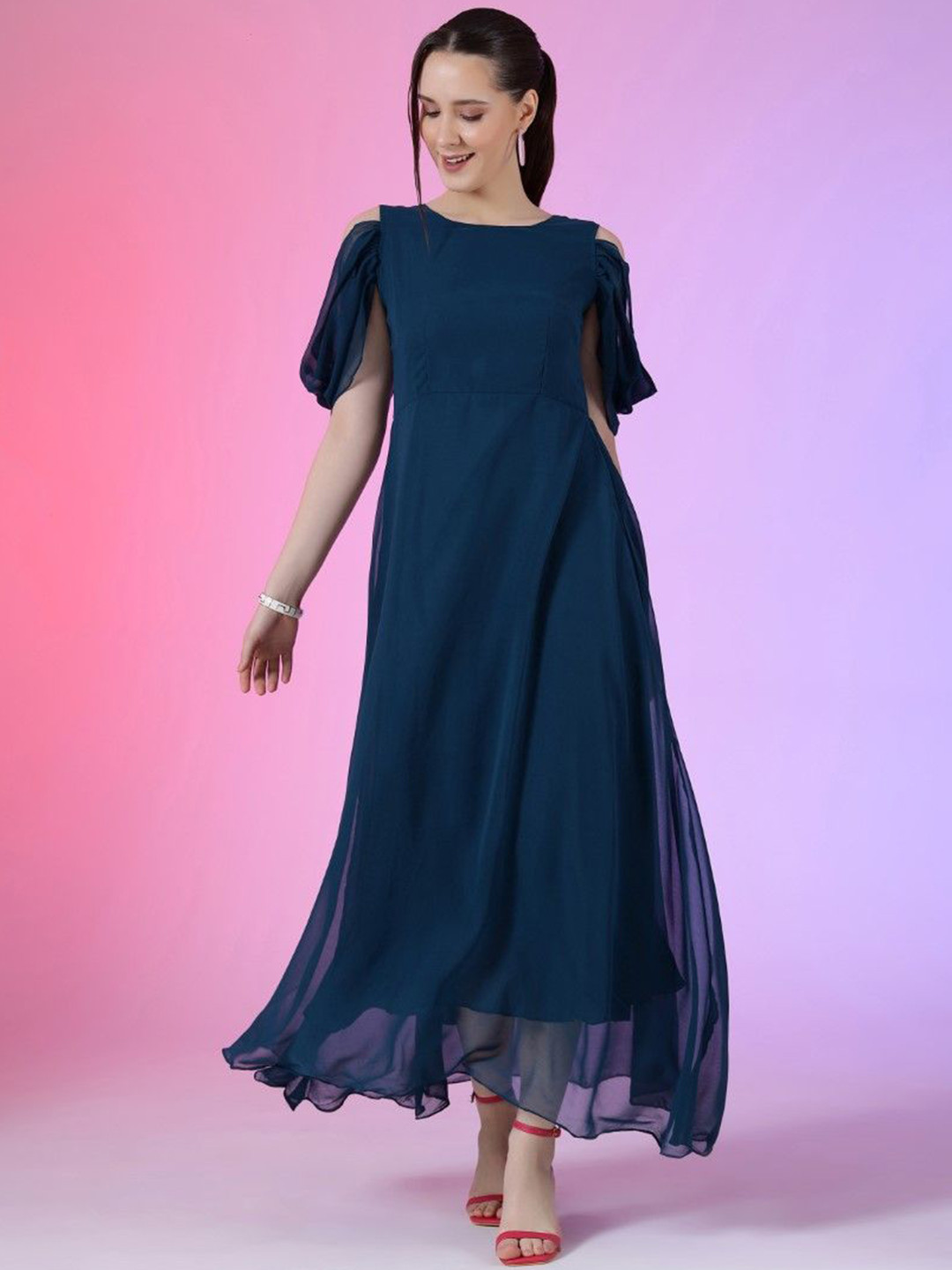 

Raiyani Enterprise womenBell Sleeve Applique Fit & Flare Maxi Dress, Blue