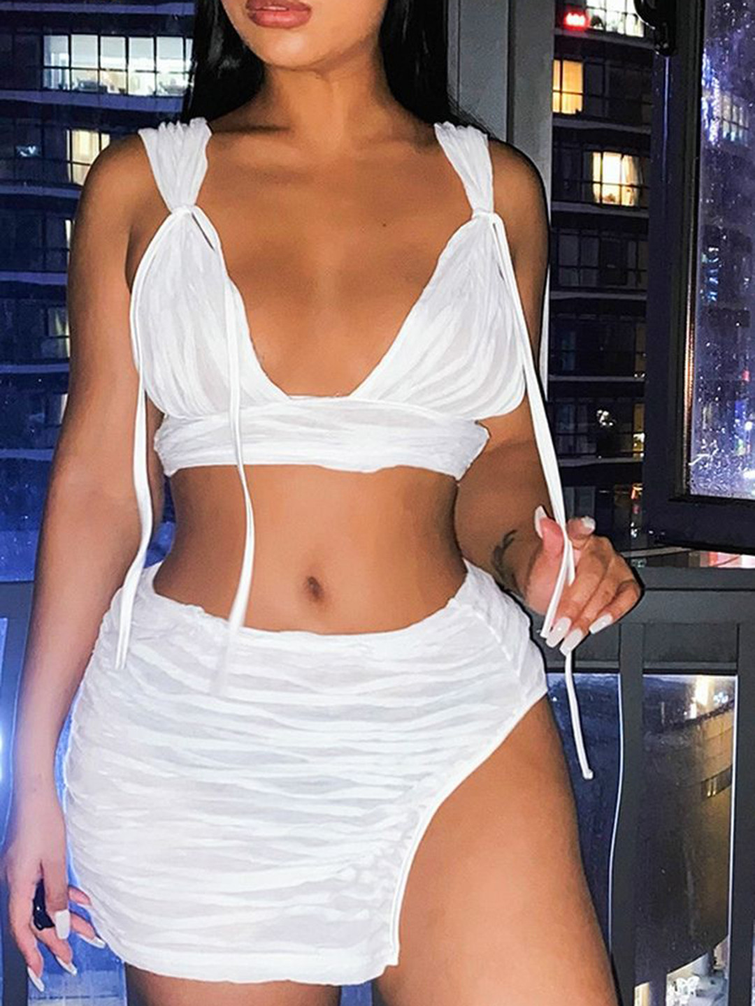 

LULU & SKY Women Shoulder Straps Top With Skirt Co-Ords, White