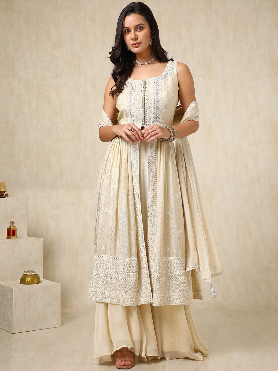 

Soch Ethnic Motifs Embroidered Sequinned Anarkali Kurta with Palazzos & Dupatta, Off white