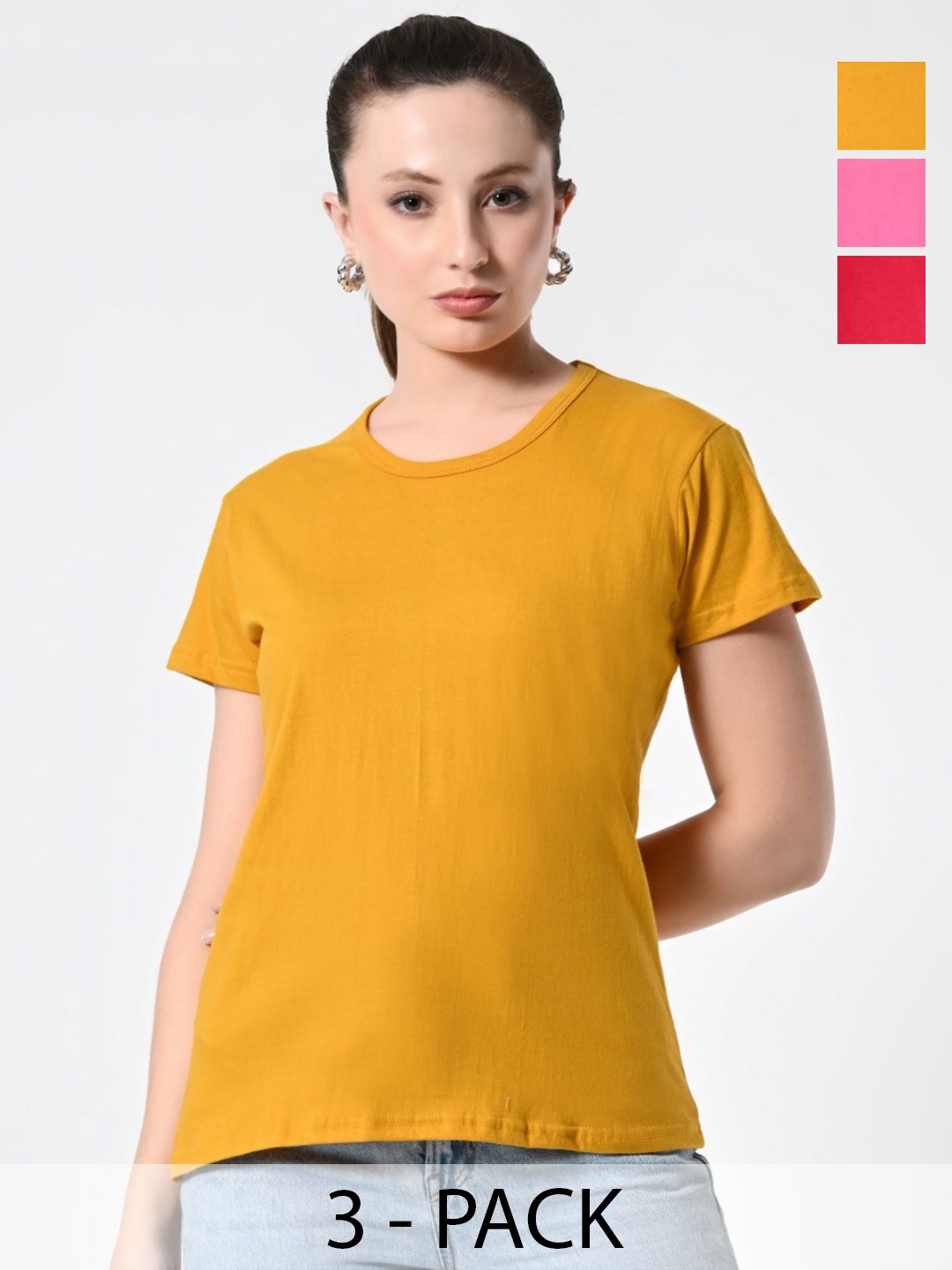 

BAESD Women Pack Of 3 Solid Round Neck Cotton T-shirts, Mustard