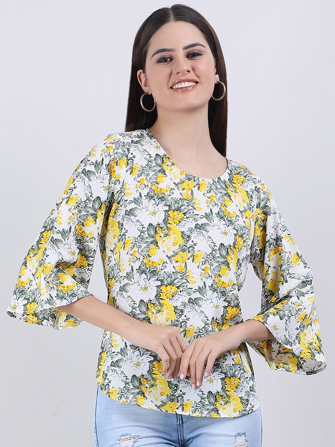 

VAPPSYAM Women Floral Printed Round Neck Top, Yellow