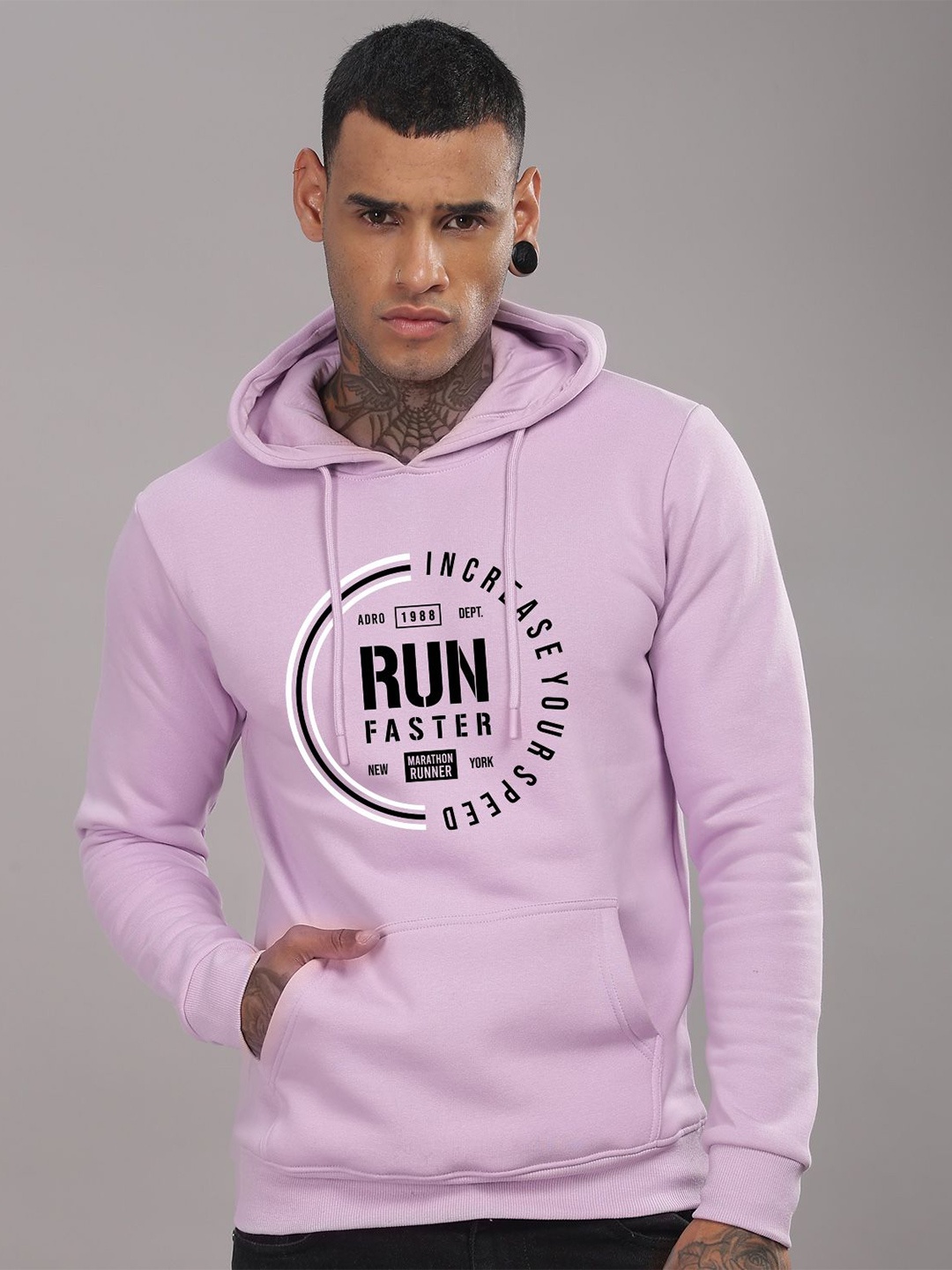 

ADRO Men Typography Printed Hood Cotton Pullover Sweatshirt, Lavender