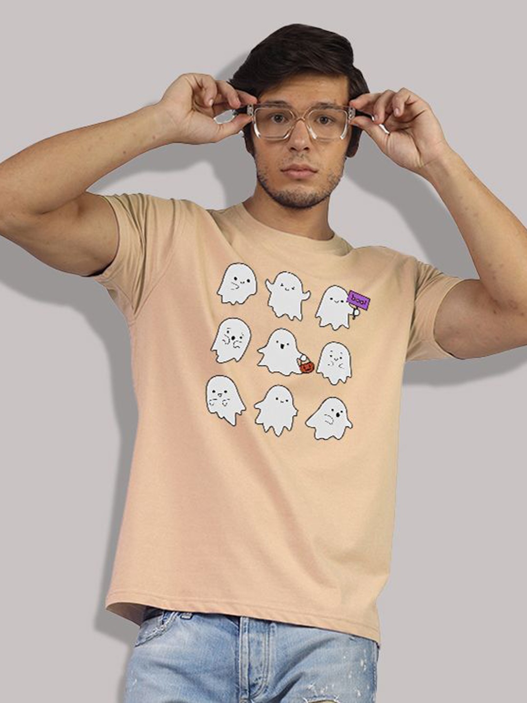 

Greylongg Men Graphic Printed Round Neck Cotton T-shirt, Beige