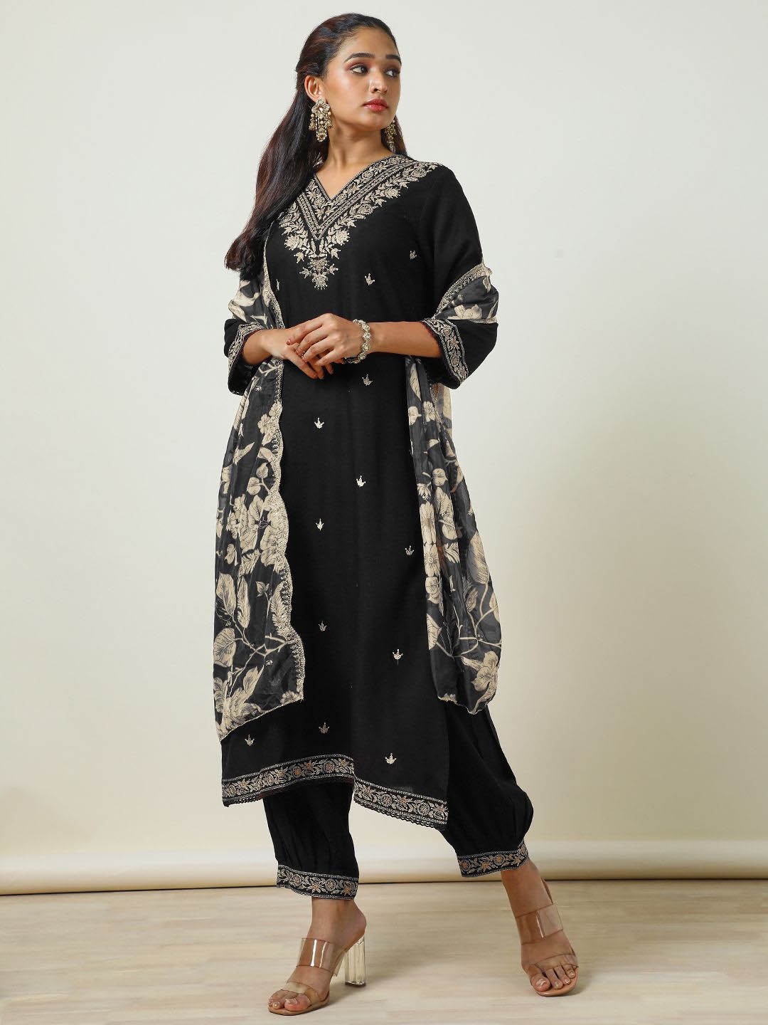 

Soch Floral Embroidered Thread Work Straight Kurta with Salwar & Dupatta, Black