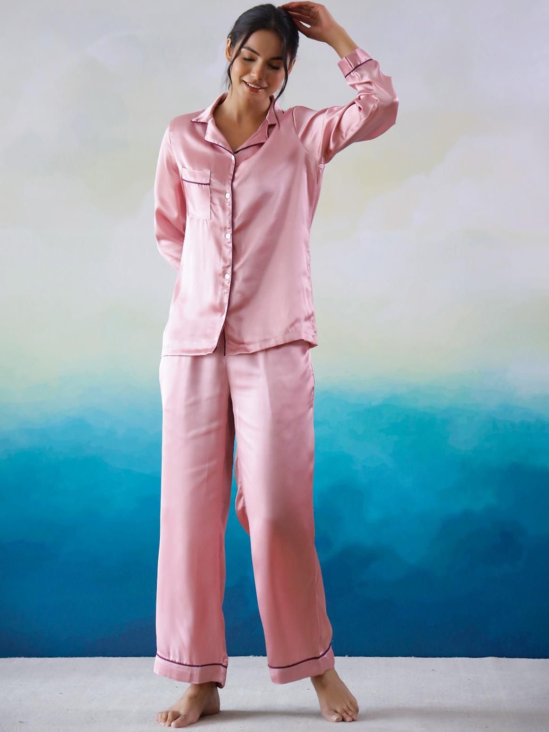 

FLAVIA CREATION Women Satin Lapel Collar Night suits, Pink