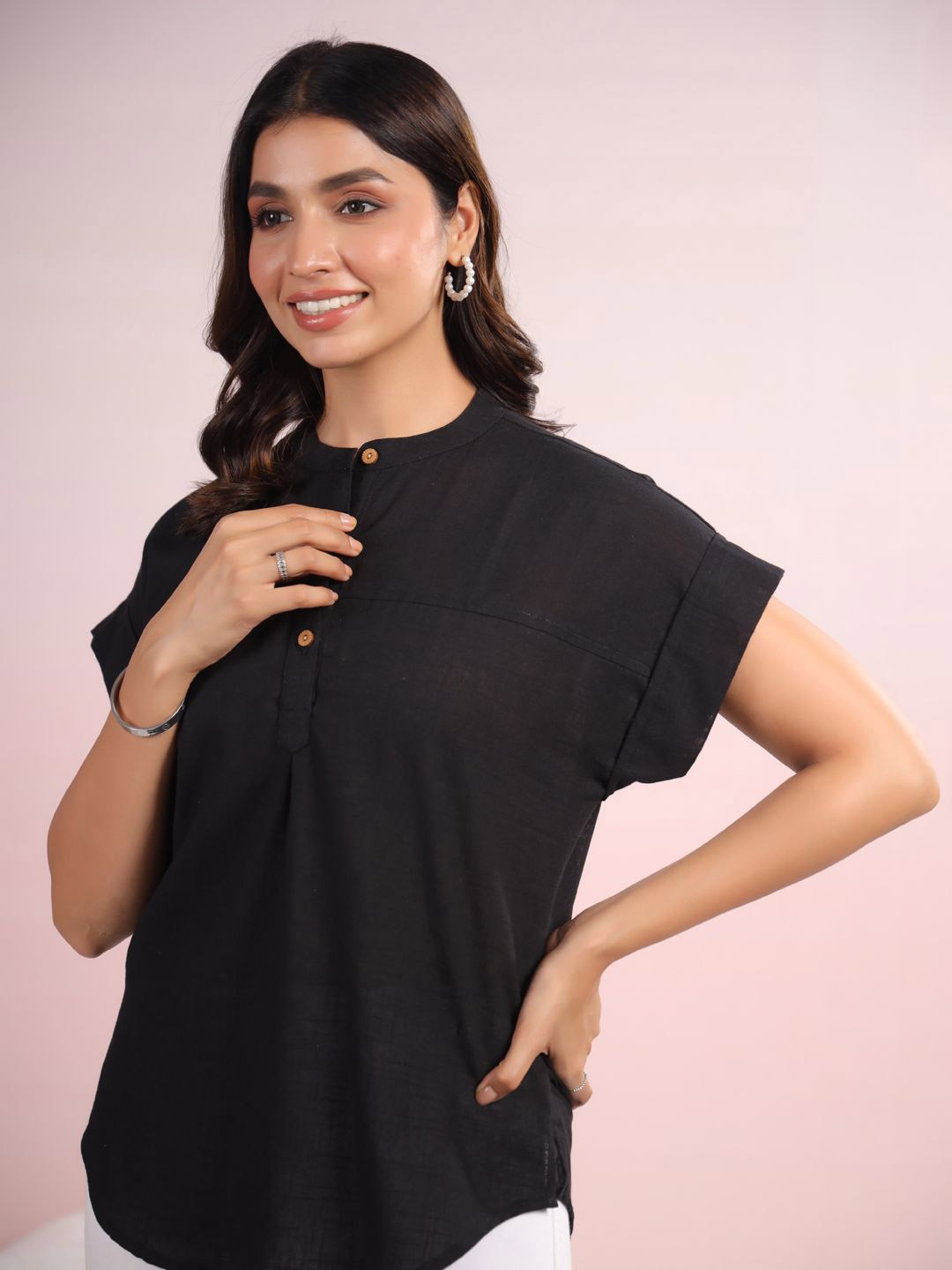 

LYFJ Women Solid Mandarin Collar Cotton Top, Black