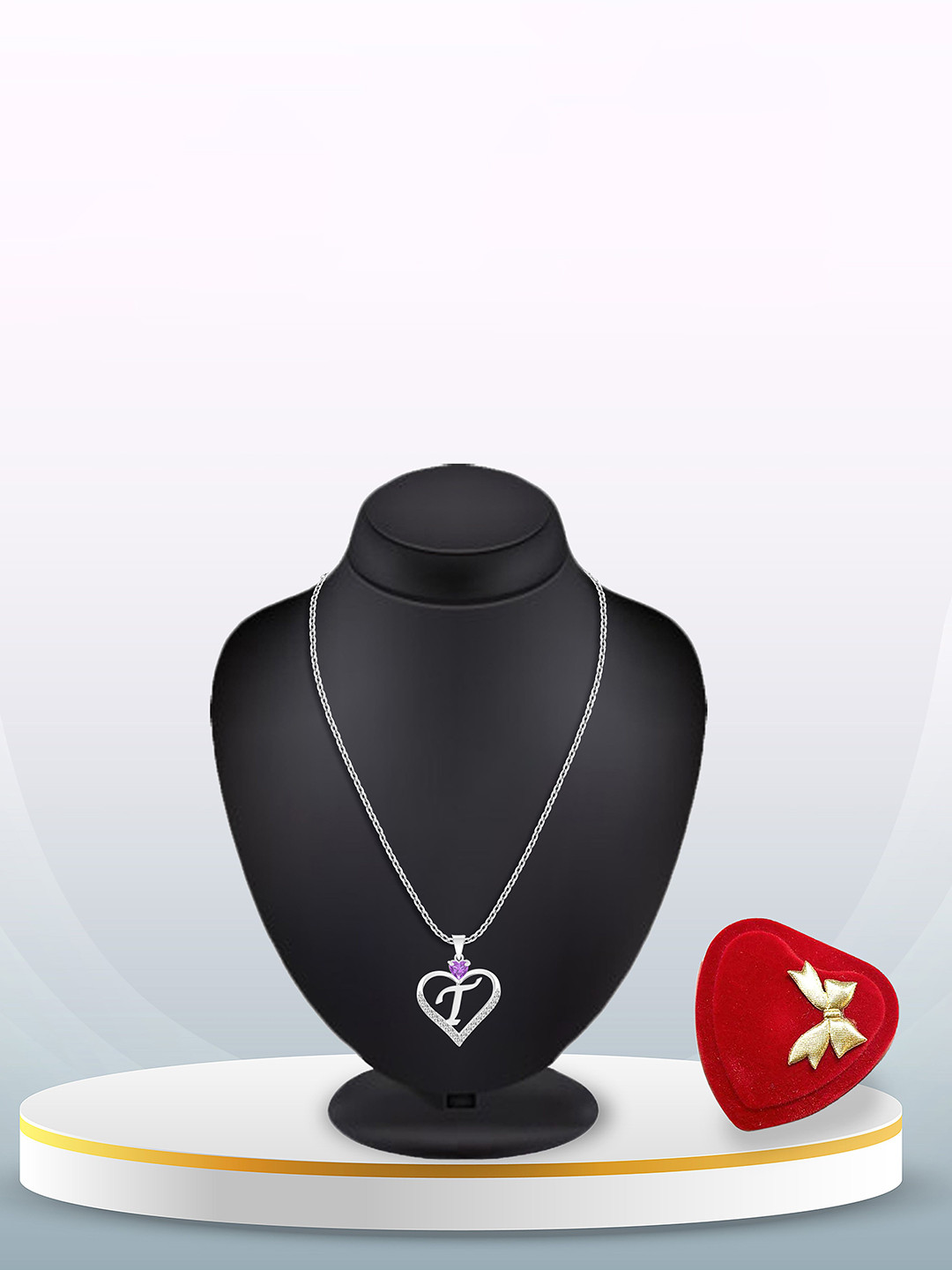 

Heer Collection Silver-Plated Stainless Steel CZ T Letter Heart Shaped Pendant With Chain