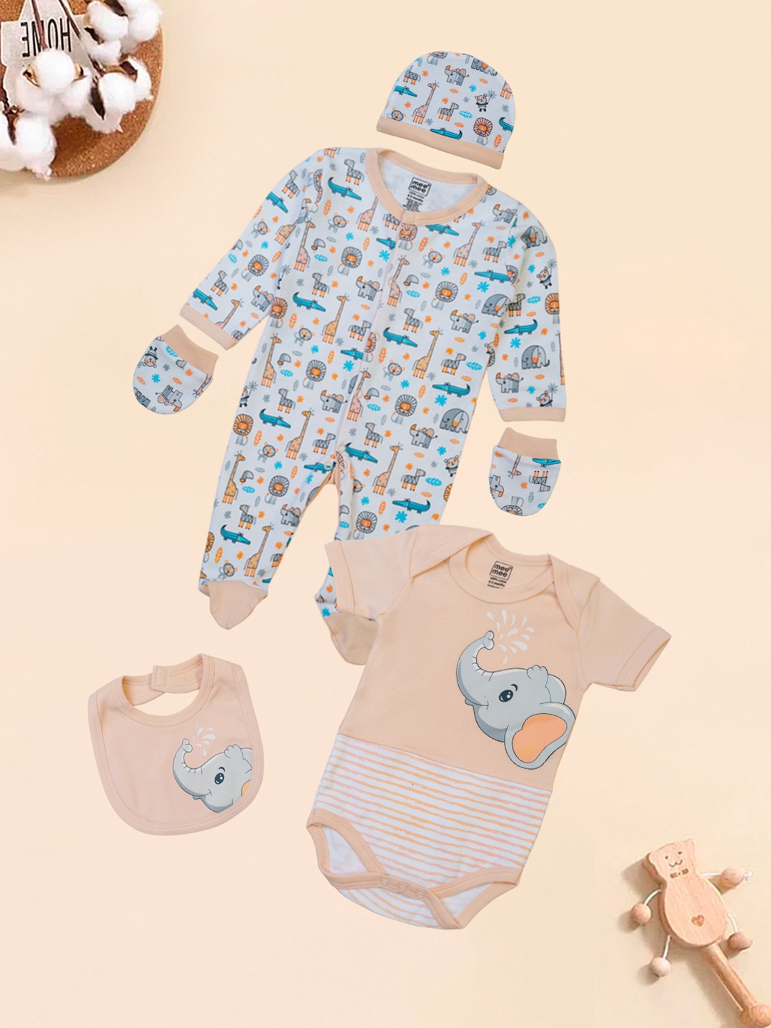 

MeeMee Infant Pack of 5 Printed Baby Apparel Gift Set, Peach