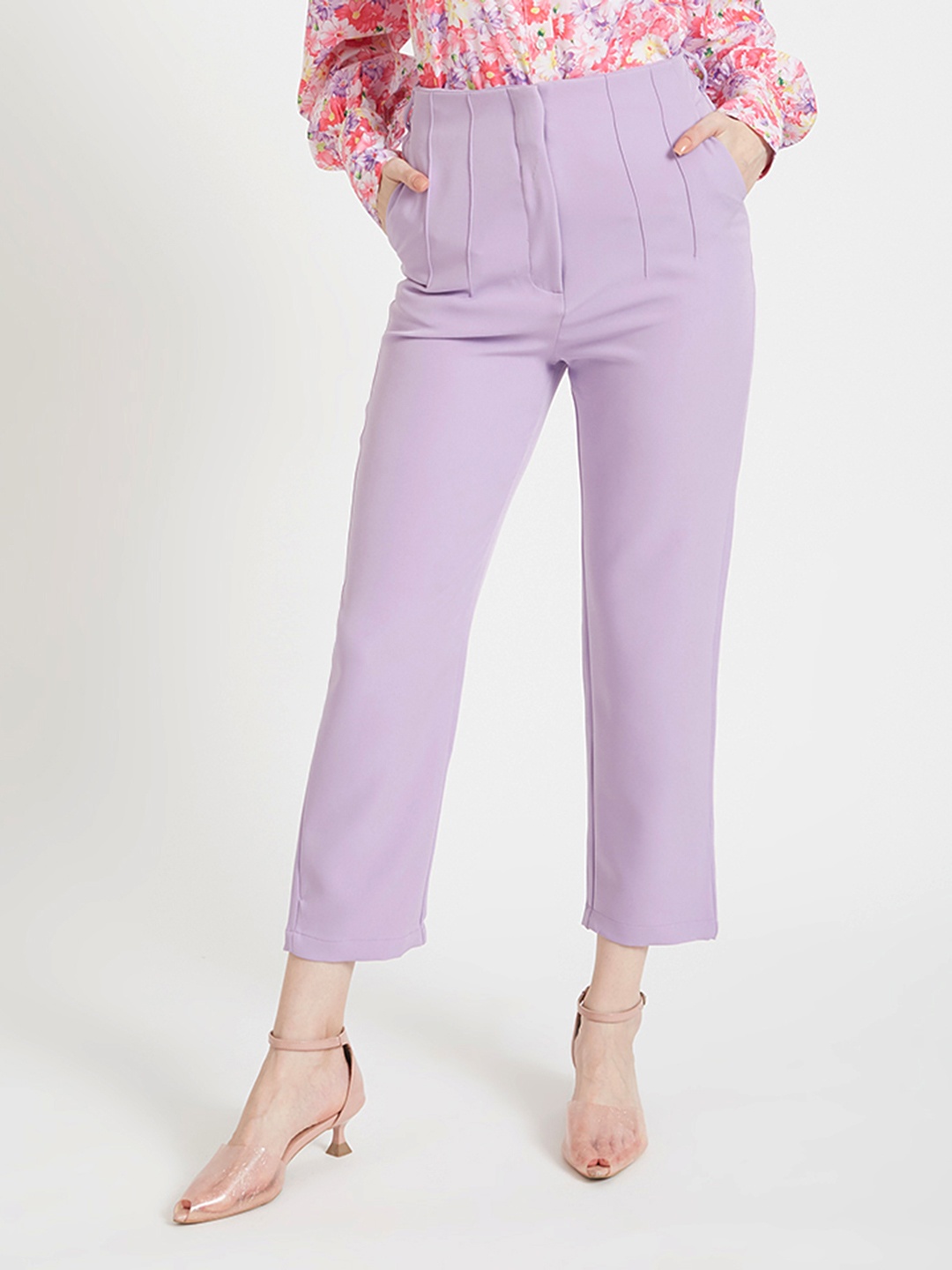 

AMSWAN Women Smart Skinny Fit High-Rise Pleated Trousers, Purple