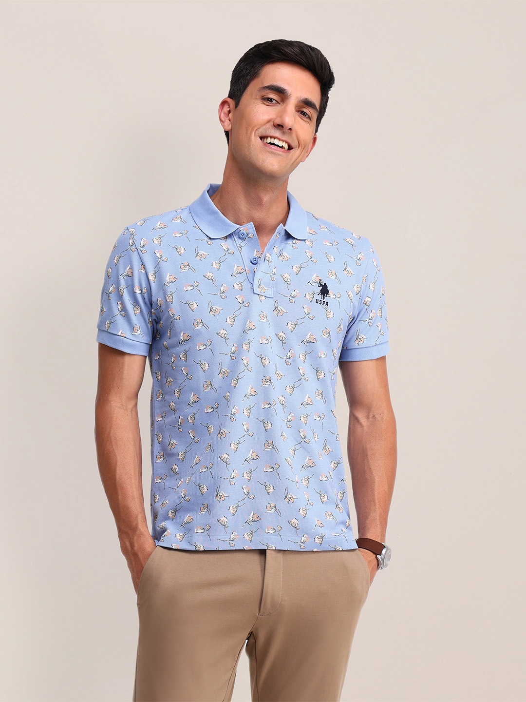 

U.S. Polo Assn. Floral Printed Polo Collar Pure Cotton Slim Fit T-shirt, Blue