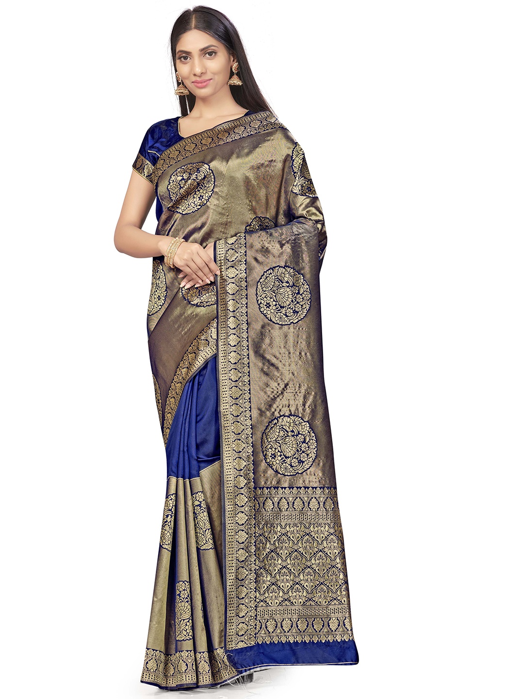 

Maroosh Ethnic Motifs Zari Traditional Banarasi Saree, Navy blue