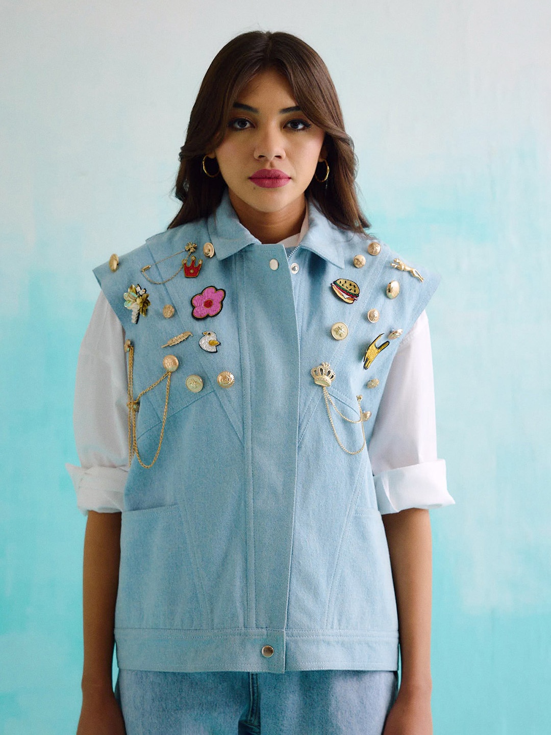 

BETRUE Women Floral Embroidered Spread Collar Studded Cotton Denim Jacket, Blue