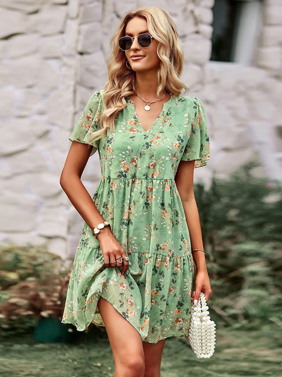 

StyleCast women Floral Print Puff Sleeve Chiffon A-Line Mini Dress, Green