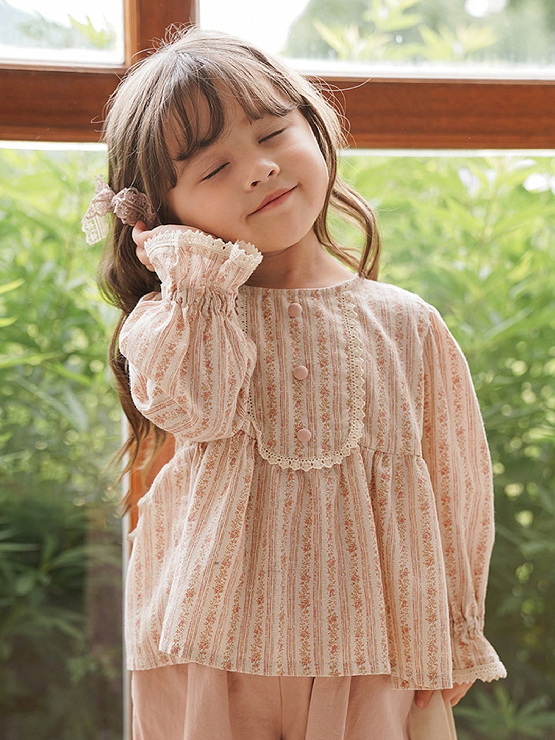 

LULU & SKY Girls Vertical Striped Round Neck Pure Cotton Top, Beige