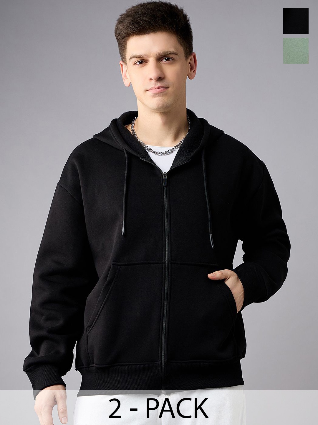 

COLOR CAPITAL Unisex Pack Of 2 Solid Hood Cotton Ribbed Sweatshirts, Green