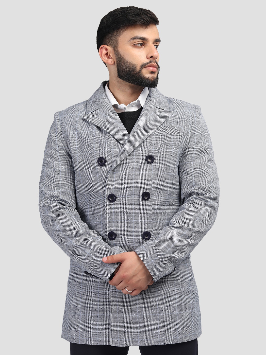 

HONNETE Men Checked Notched Lapel Collar Double-Breasted Trenchcoat, Grey
