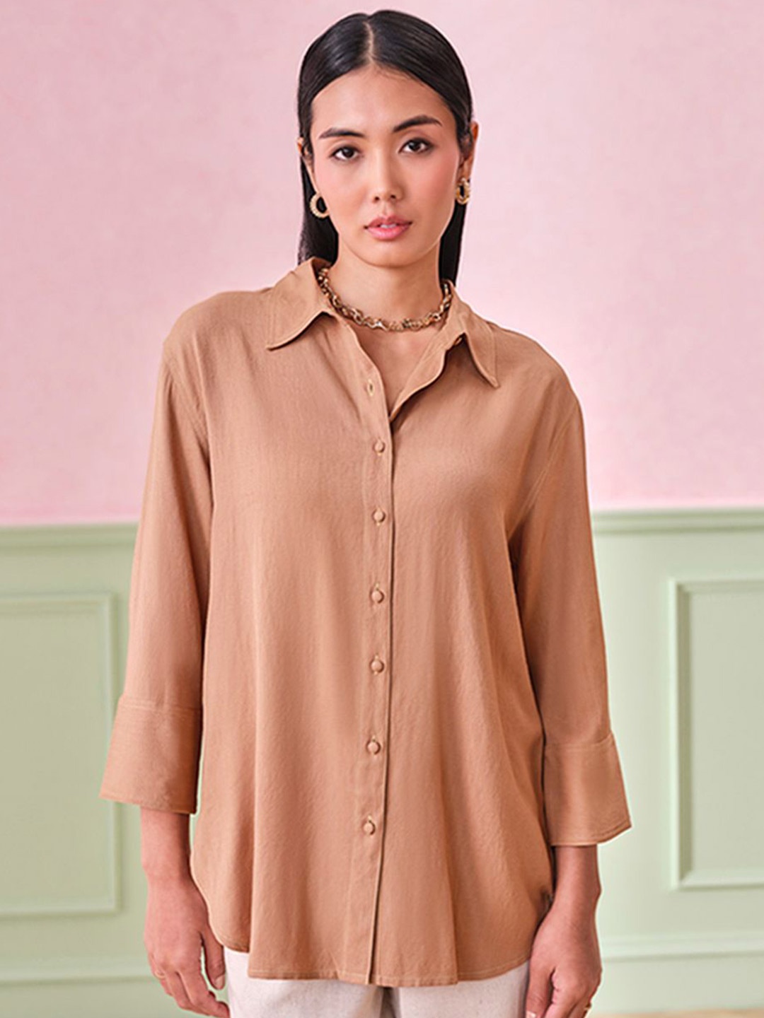 

AND Women Solid Shirt Collar Top, Brown