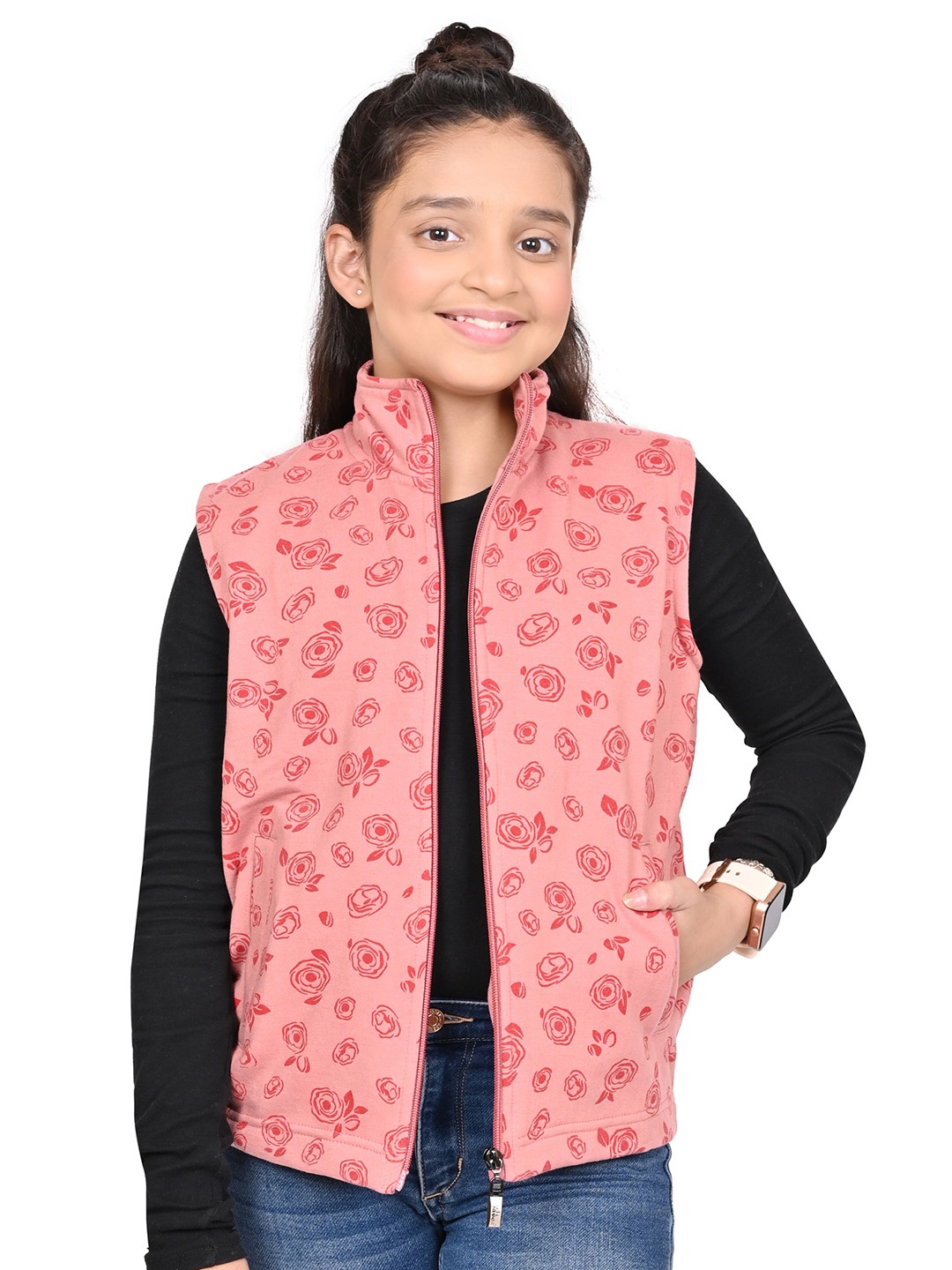 

BAESD Girls Mock Collar Floral Printed Fleece Casual Open Front Jacket, Pink
