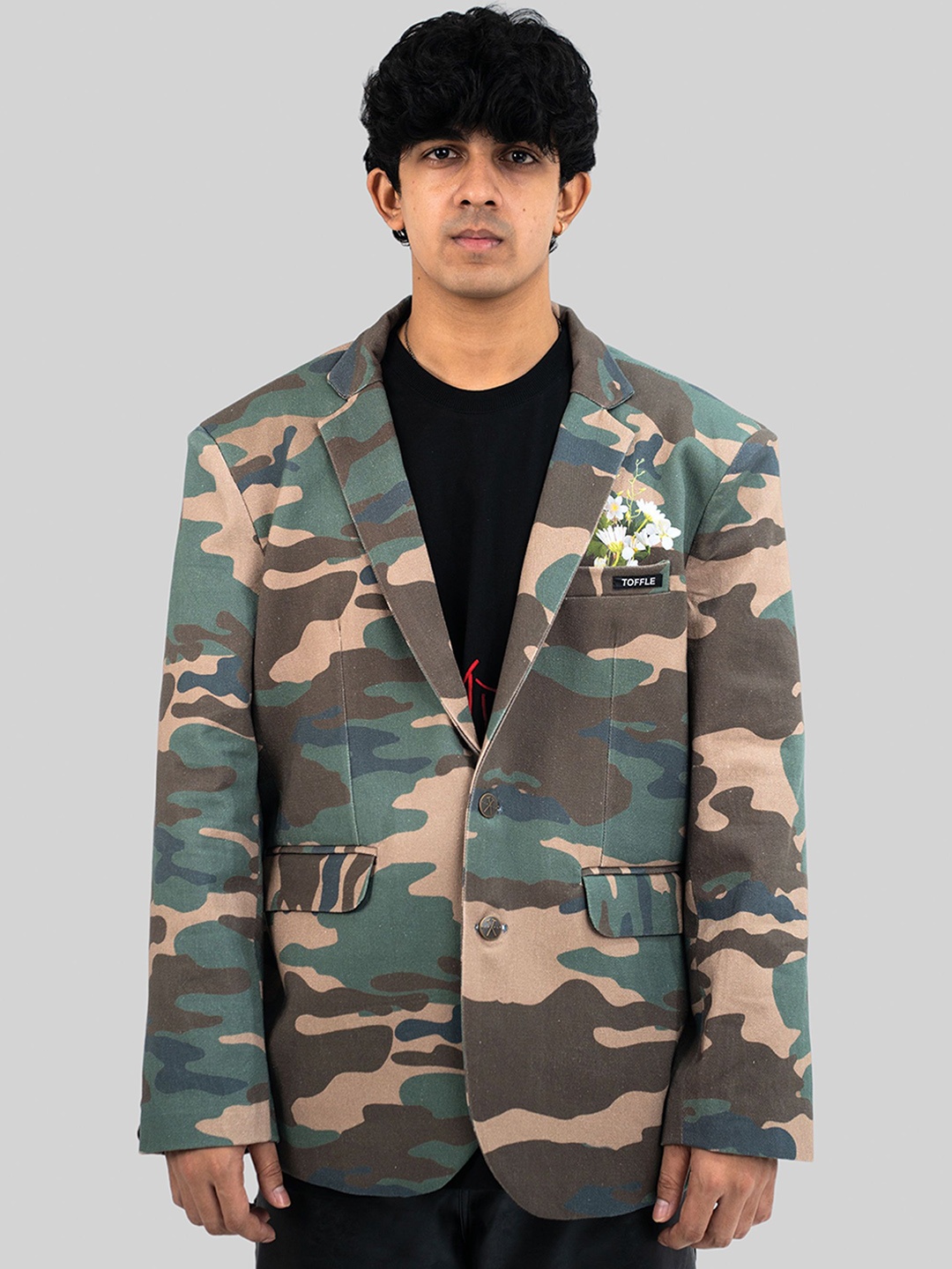 

TOFFLE Unisex Lapel Collar Camouflage Printed Denim Casual Open Front Jacket, Khaki