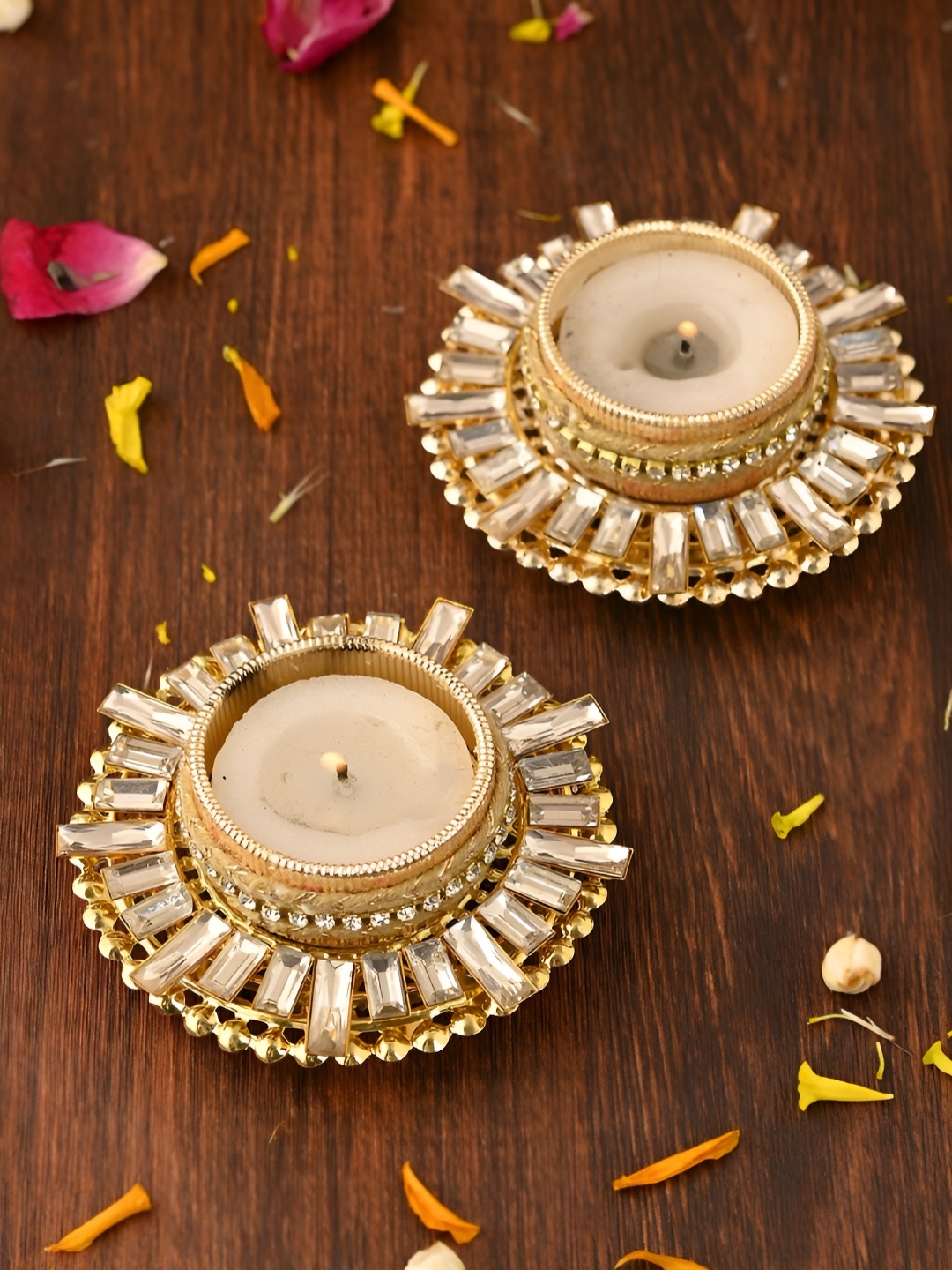 

Aapno Rajasthan White 2 Pieces Stone Studded Metal Candle Holders, Gold