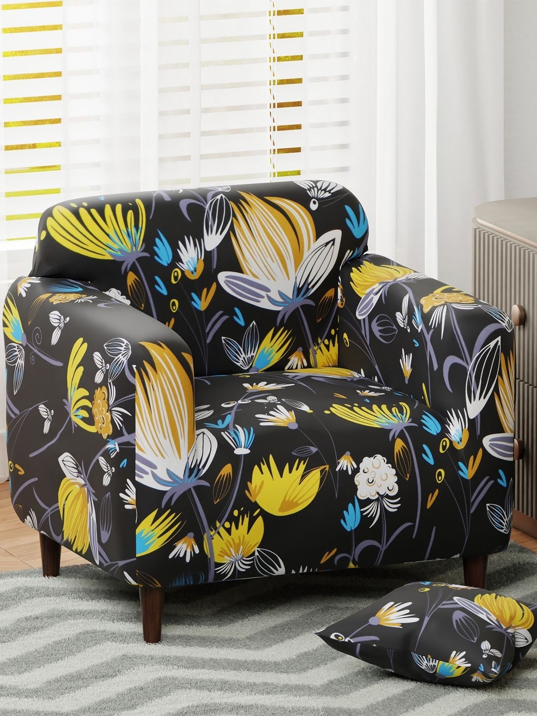 

Lukzer Yellow & Black Printed Sofa Cover With Arms