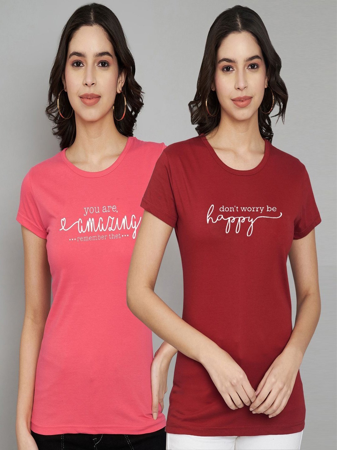 

Trend Level Women Pack Of 2 Typography Printed Round Neck Cotton T-shirts, Coral