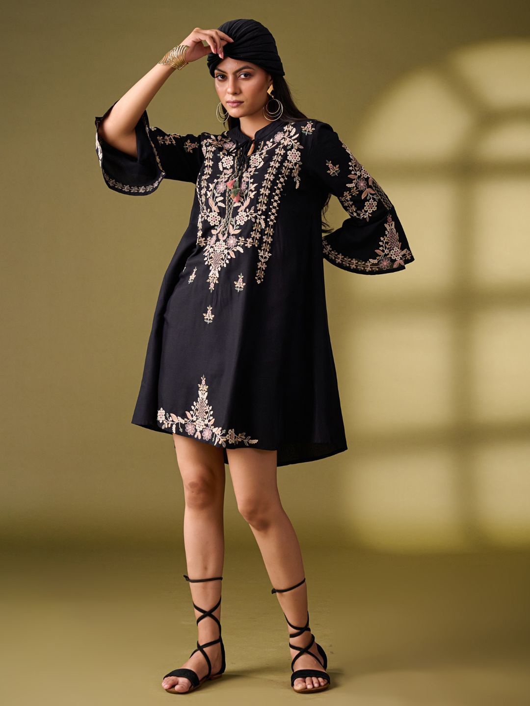 

Zolo Label Floral Embroidered Bell Sleeve A-Line Dress, Black