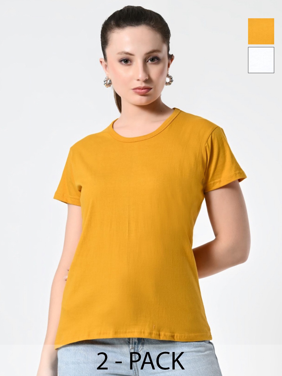 

BAESD Women Pack Of 2 Solid Round Neck Cotton T-shirts, Mustard