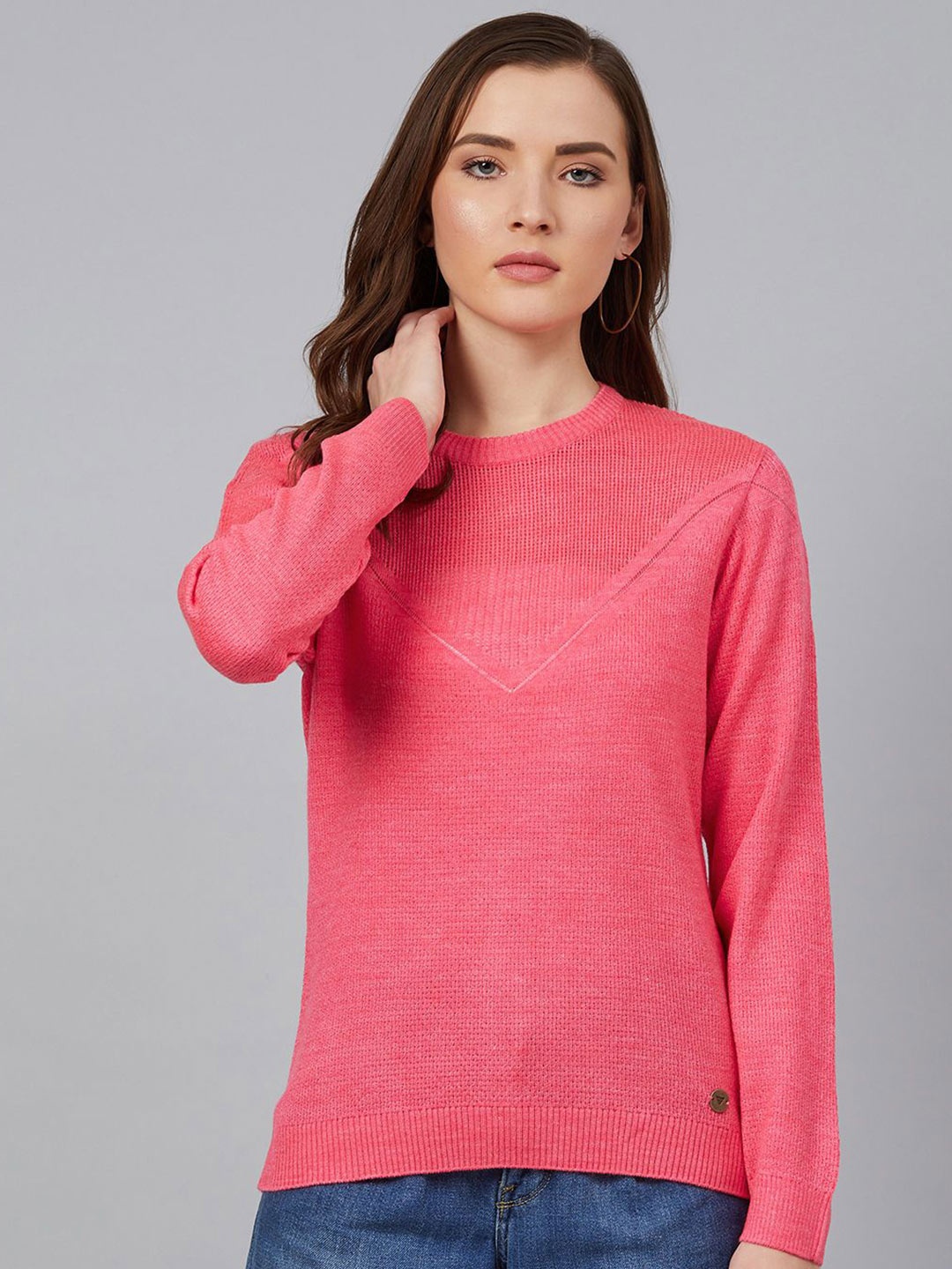 

Cayman Women Ribbed Self Design Round Neck Pullover Ribbed Sweater, Pink