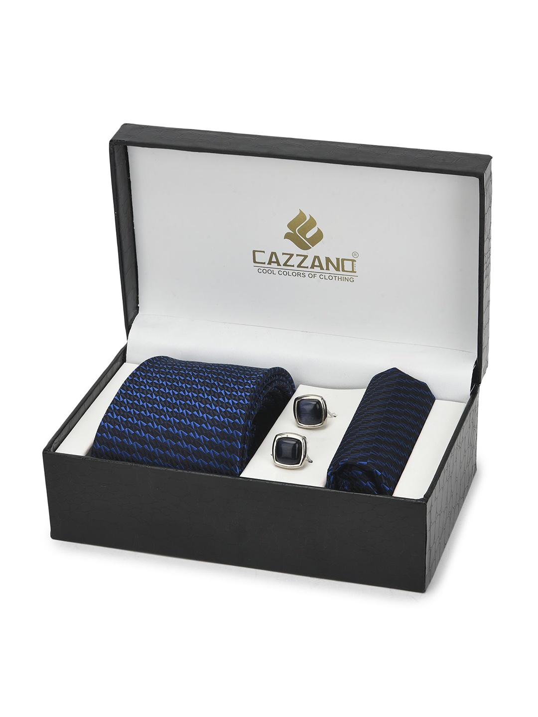 

Cazzano Men Abstract Embroidered Slim Tie Cufflinks & Pocket Square Accessory Gift Set, Navy blue