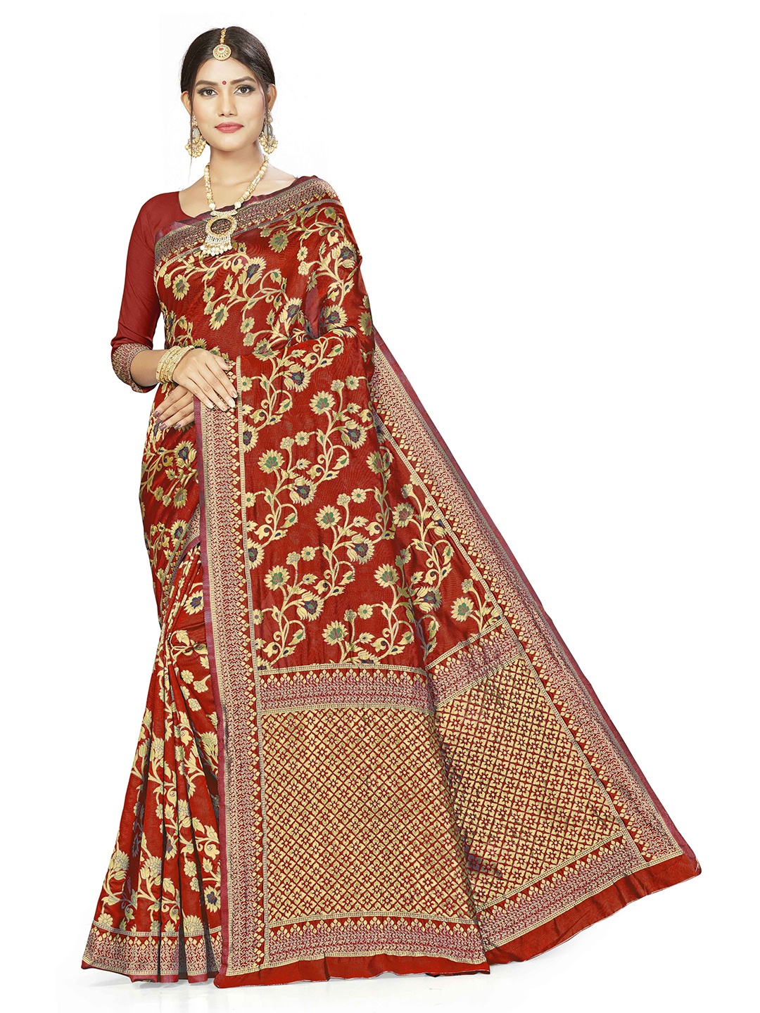 

Maroosh Woven Design Floral Zari Banarasi Saree, Red