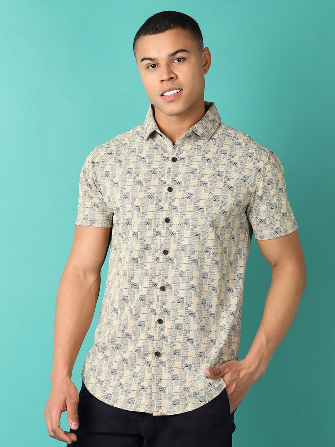 

V-Mart Men Spread Collar Abstract Printed Cotton Casual Shirt, Beige