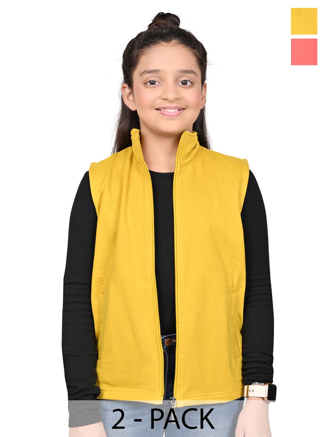 

BAESD Girls Pack Of 2 Mock Collar Solid Fleece Casual Open Front Jackets, Yellow