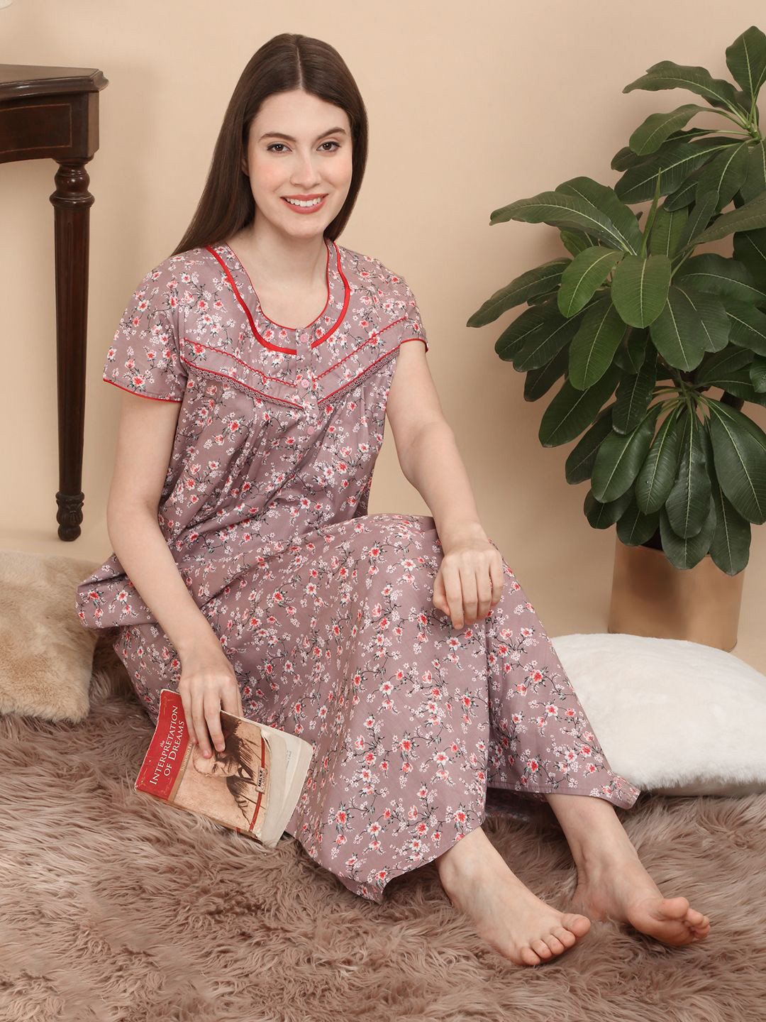 

Sweet Dreams Women Round Neck Pure Cotton Nightdress, Rose