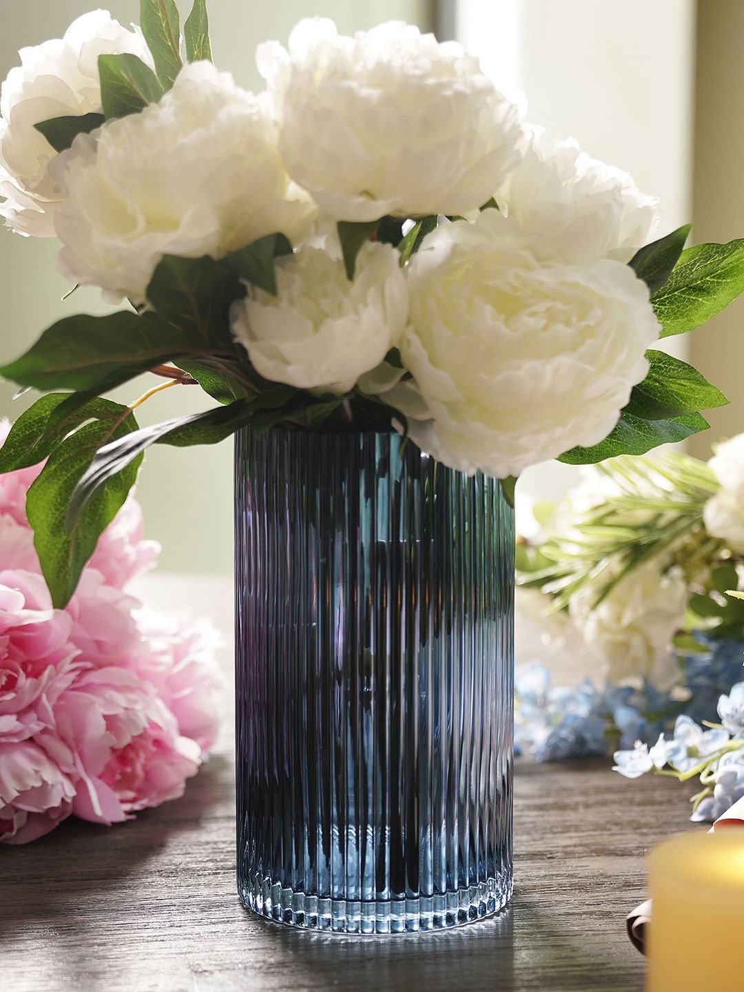 

Pure Home and Living Blue Ribbed Straight Glass Vase